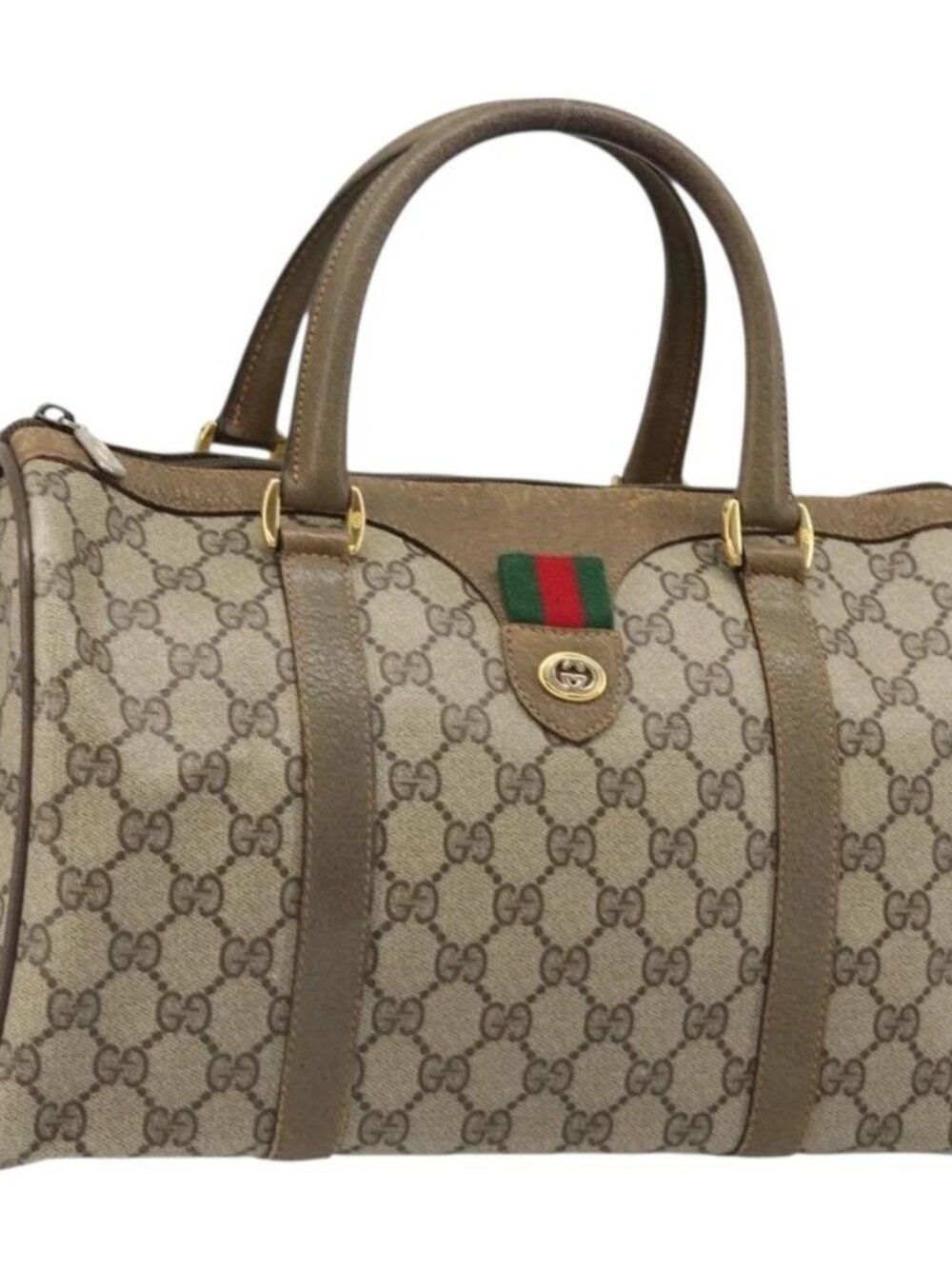 GUCCI GG Supreme Web Sherry Line Boston Bag PVC Beige Gold 40 02 007 Auth 186023